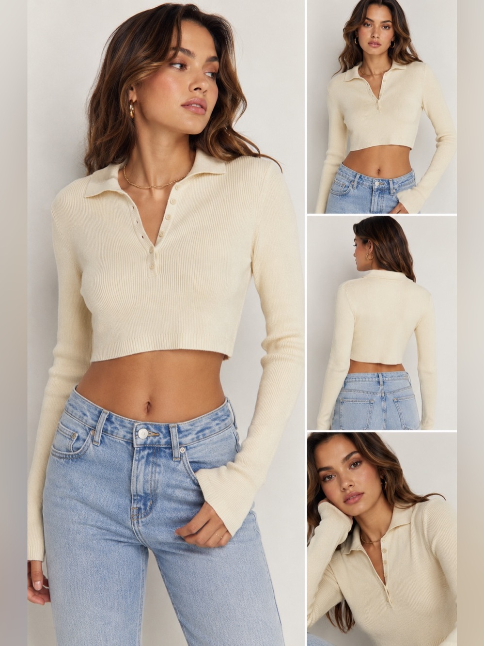 For Love & Lemons Mona Cropped Polo Sweater in Ivory.